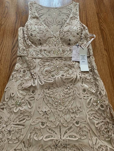 Abito SUE WONG 8 beige nudo champagne perline cocktail illusione formale - Foto 6 di 13