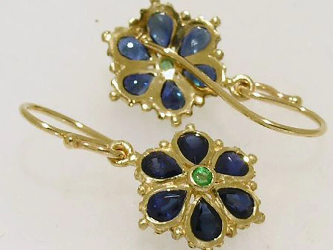 s E036 Genuine 9K Yellow Gold NATURAL Sapphire Emerald DAISY Earrings Blossom - Изображение 3 из 4