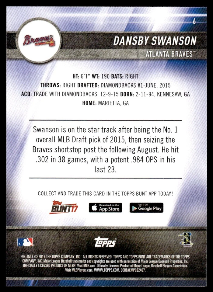 2017 Topps Bunt Black RC Dansby Swanson Atlanta Braves #6 - Image 2 of 2
