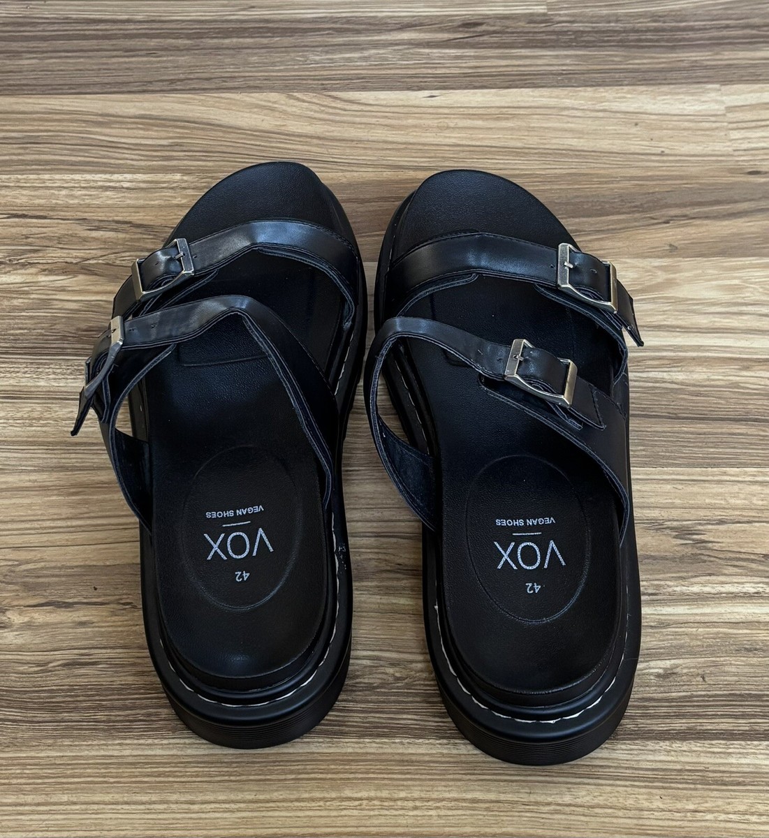 VOX Vegan Shoes Sandals Black Double Buckles Slip On Mens Sz 10