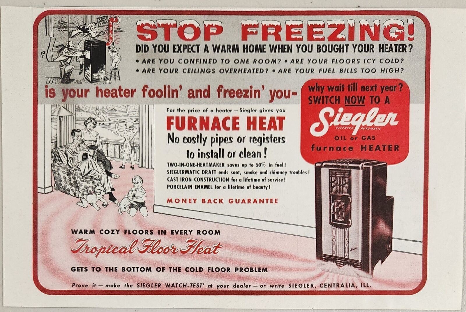 1953 Print Ad Siegler Oil or Gas Furnace Heaters Happy Family Centralia