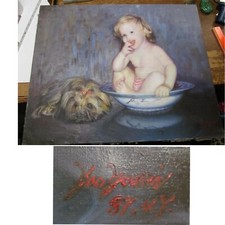 Vintage Yao Youxin Oil Painting of a Little Boy and Shih Tzu Dog Signed 1987 NY
