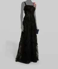 $995 Rickie Freeman by Teri Jon Women's Black Squared Neck A-Line Dress Size 8