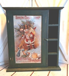 VTG Painted Green Distressed Wood Free Standing Cabinet Santa Claus Image Xmas