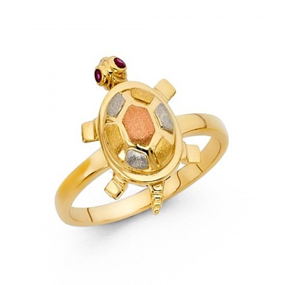Solid 14K tricolor gold TURTLE ring with red stones EJLRG1694