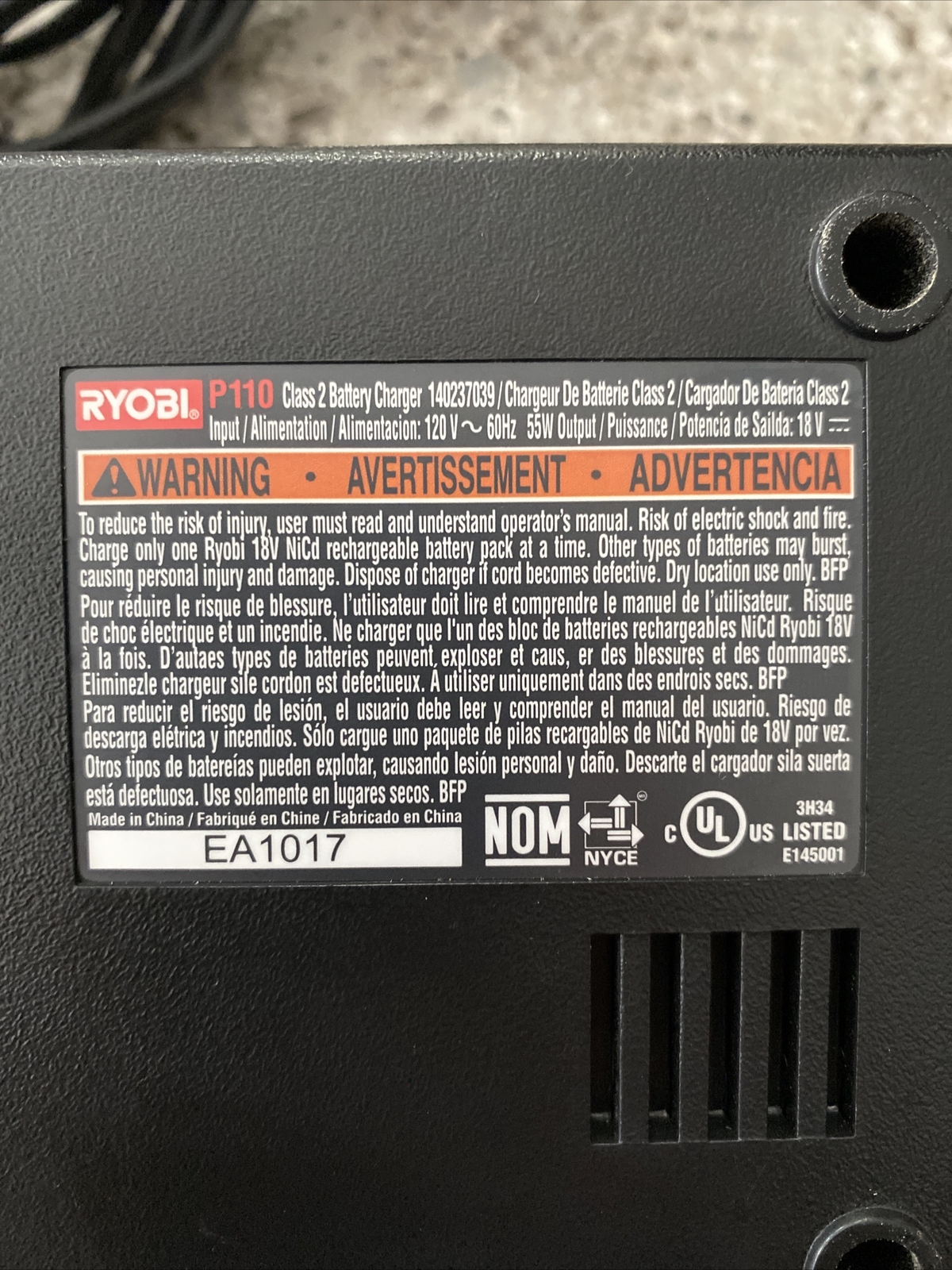 Ryobi Battery Charger P110 140237039 18v NiCd ChargePlus for sale