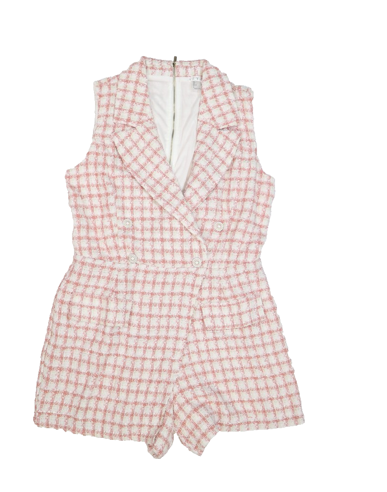 Venus Romper Womens 14 Plaid Tweed Sleeveless Double Breasted Shorts Jumpsuit