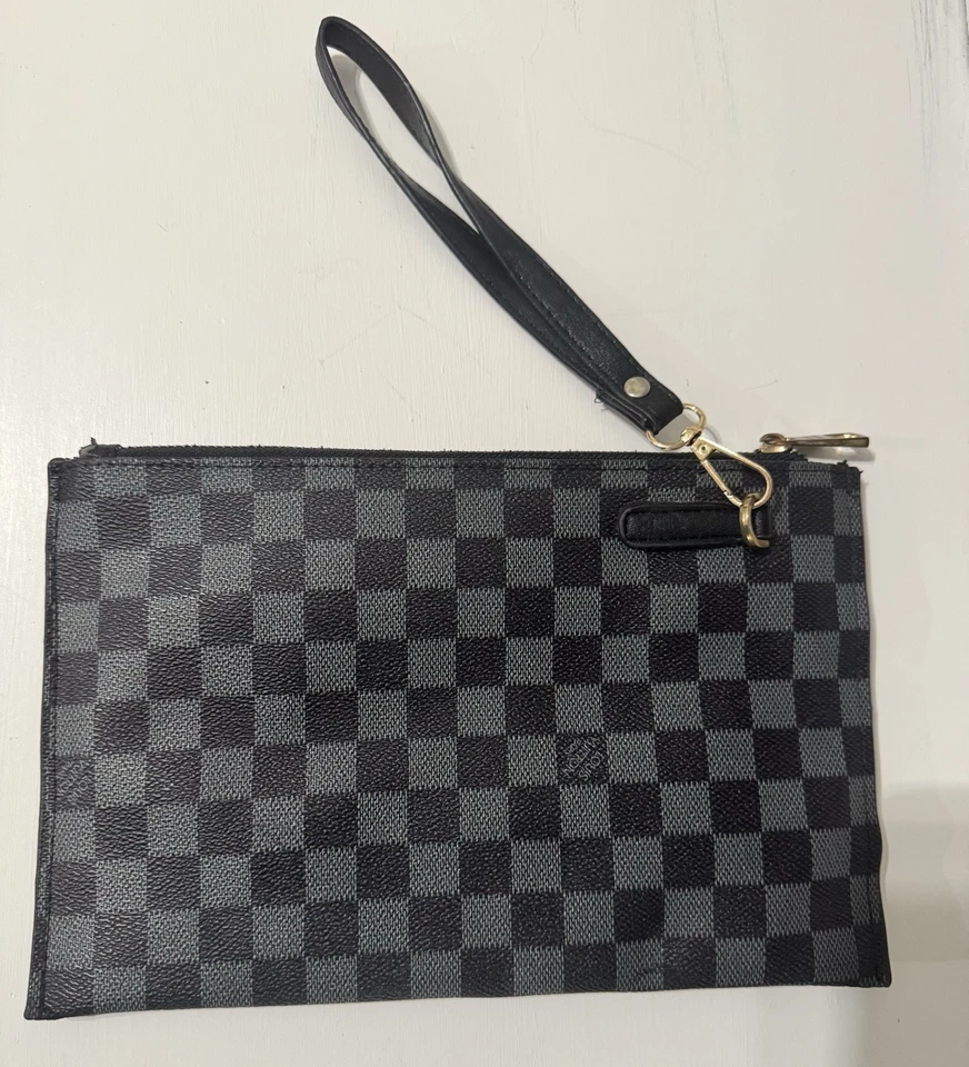 Elegante bolsa de muñeca negra gris a cuadros imitación cuero cierre de cremallera Foto 4 de 4