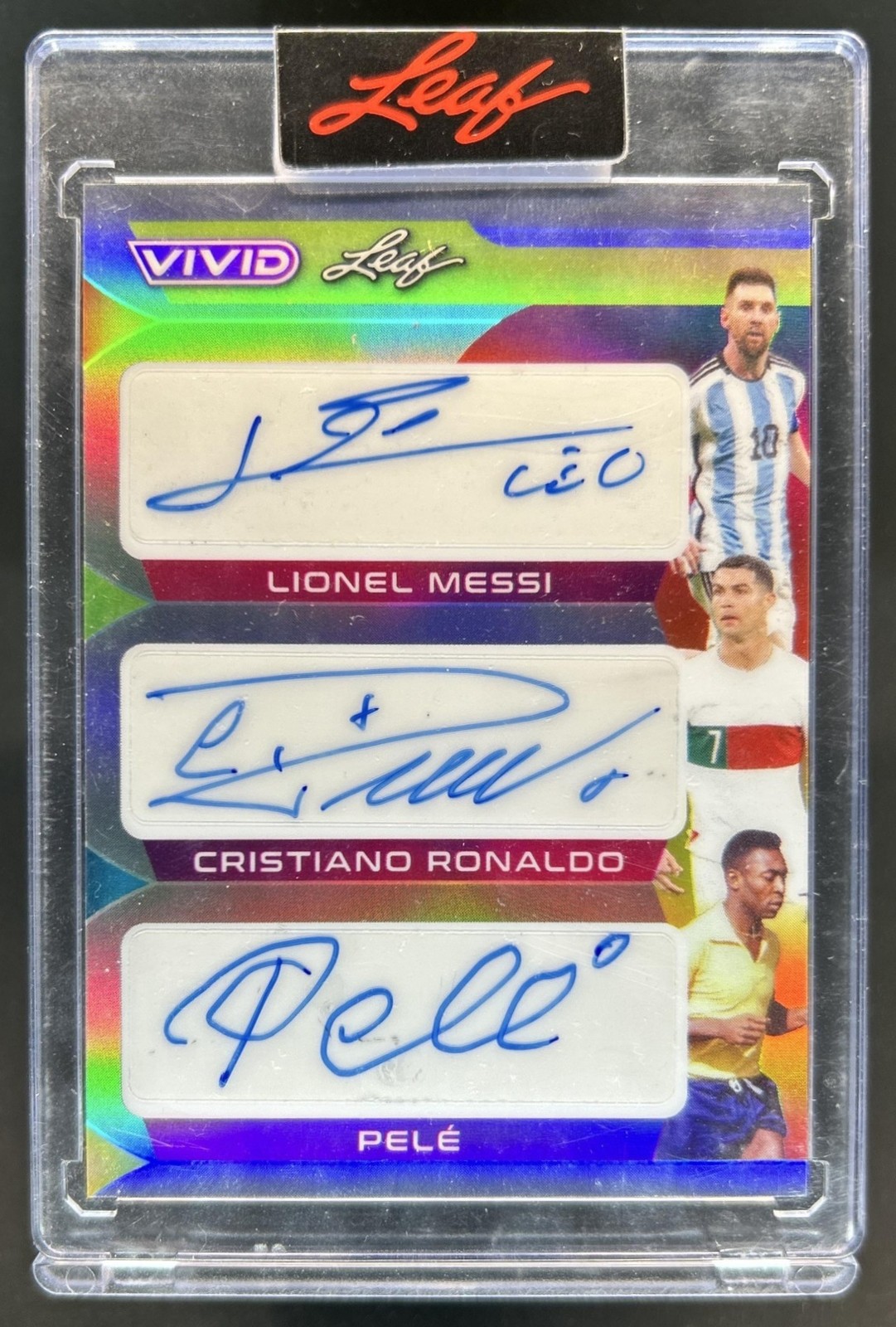 2022 Leaf Vivid Lionel Messi Cristiano Ronaldo Pele Triple Auto Grey #/7
