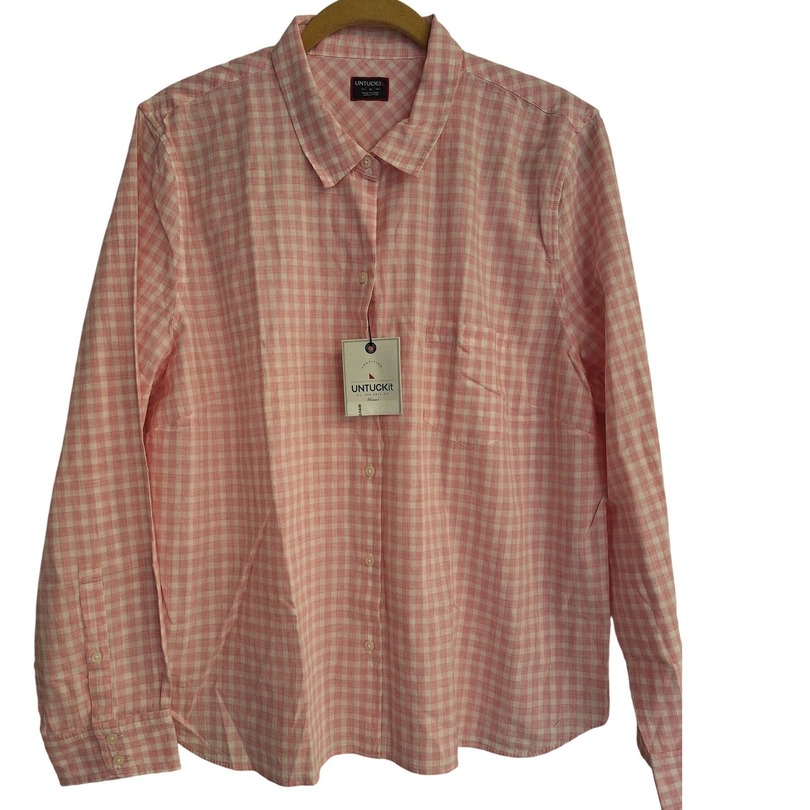 UNTUCKit CALINA PINK WHITE GINGHAM 100% COTTON BUTTON FRONT SHIRT SIZE 18