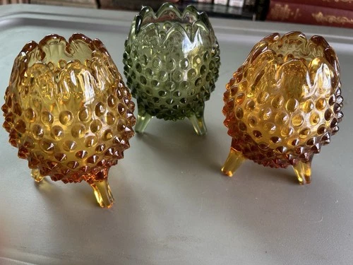 THREE Vintage Fenton Amber & Green Hobnail Glass 3 Footed Egg Vases