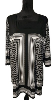 cj banks 2X Black White Geometric 3/4 Sleeve Square Neck Women's Tunic Blouse