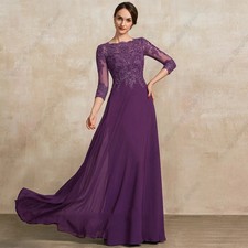 Purple Three Quarter Mother of Bride Dress with Lace Chiffon Wedding Party Dress