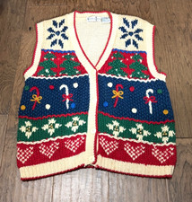 Vtg By Design Christmas Holiday Knit Sweater Vest Trees Hearts Grannycore Large