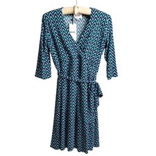 NEW Leota Women's SMALL Blue Chevron V-Neck Faux Wrap Dress Knee Length - CJ