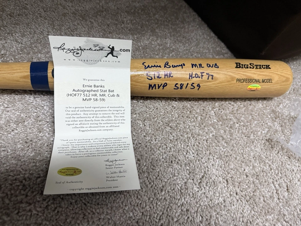 ¡¡Bate Stat Bat firmado por Ernie Banks Chicago Cubs!! Impresionante autógrafo HOF Foto 3 de 3