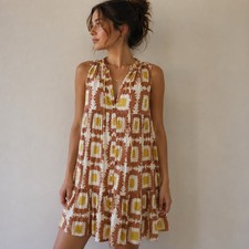 Olivia James Brown Yellow Geometric Tiered Mini Dress Medium Boho Coastal