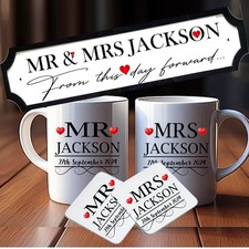 Personalised mugs coasters street sign hamper gift set mr & mrs wedding