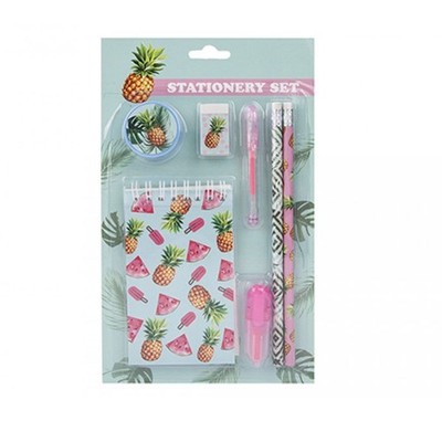 Ananas Funky Stift & Notizblock Schreibwaren Set - 7 Artikel Geschenk Büro Arbeit Zuhause NEU