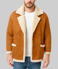 Men Tan Brown Suede Leather Jacket With Faux Shearling Lined Aviator Coat