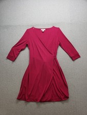 Forever 21 Women Wrap Dress M Red 3/4 Sleeve V Neck Knee Length Tie Waist