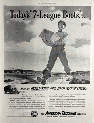 1949 American Trucking Industry 7 League boots Overtaking Cost VTG Print Ad