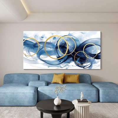 HKDGOKA Abstract Wall Art Living Room - Large Canvas Gold Blue Gradient Canva...