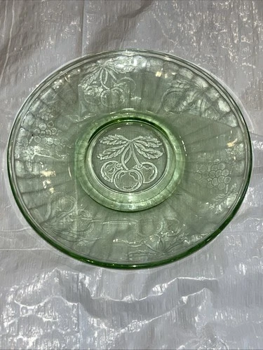 Uranium Glass Green Vintage Hazel Atlas Fruits Indented Bread Plate UV 5.5 Inch