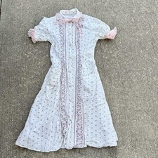 VTG Floral Print House Coat Robe Cottage core Granny Pockets Sz M Dress Pink Bow