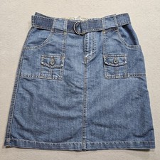 Vtg Y2K Cherokee A Line Denim Skirt Womens 10 Blue Belted Mini Utility Pockets