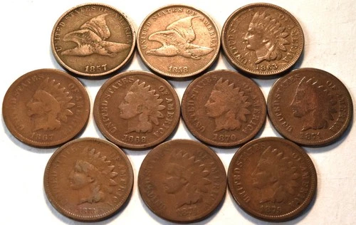 Lot 10 Better Flying Eagle Indian Head Cents 1857 1858 1867 1869 1870 1871 Penny