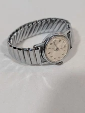 Timex Watch Stretch Steel Band Chrome Plated White Mechanical - Women Vintage