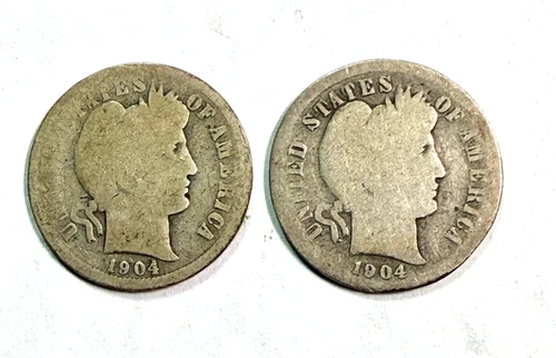 1904 - P and S Barber / Liberty head Dimes. Circulated.