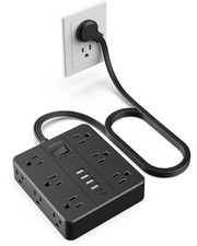 Flat Plug Power Strip, 5 Ft Extension Cord with 12 Widely Spaced Multiple Out...