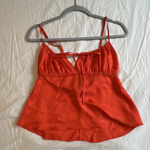 Ciao Lucia! Red Linen Woven Sweetheart Spaghetti Strap Tie Back Cami Top S