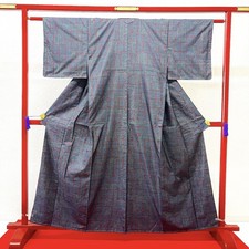 Japanese Kimono 'TSUMUGI' Silk/Dark blue/Flower/History/Length:161cm N1048