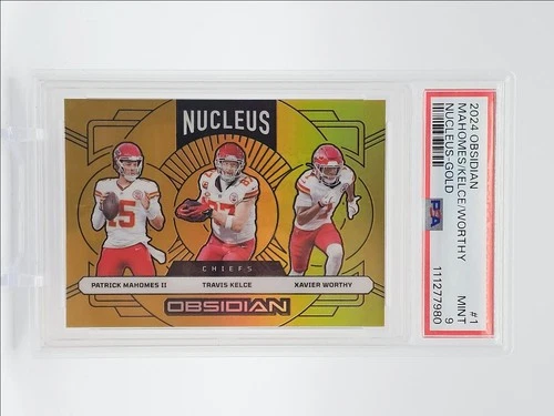 PATRICK MAHOMES II KELCE WORTHY 2024 OBSIDIAN NUCLEUS GOLD /10 PSA 9 Q6438