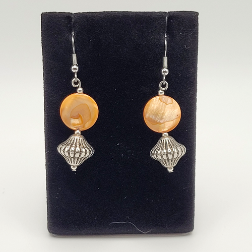 Orange Abalone Shell MOP Round Disc Silver Tone SW Style Pierced Hook Earrings - Picture 20 of 24