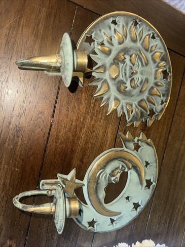 Vintage Partylite Celestial Sun Moon Brass Green Candle Wall Sconce Garden 90s