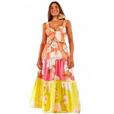 188 Farm Rio Mixed Neon Garden Tiered Midi Dress (Medium, NWT)