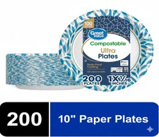 Great Value Ultra Paper Plates, 10”, White, 200 Count