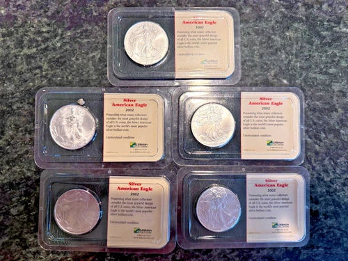 2002 American Silver Eagle 1 oz .999 Fine Silver Littleton Pack Lot 5 x 5 oz