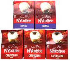 5 PACK Combo of NYcoffee, 3 pks CAPPUCCINO+2 pks MOCHA, 90 sachets - creased box