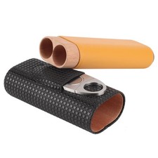 ▪Black Leather Cedar Wood 2 Tube Cigar Case Humidor With Cigar Cutter Tool Part