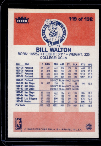 1986 Fleer Basketball Set Break HOF Bill Walton, #119, Nm - 第 2/2 張圖片