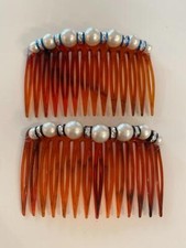 Hair Comb Vtg 1970's Set 2 Faux Tortoise Pearls Crystal Bling, Blue or Black
