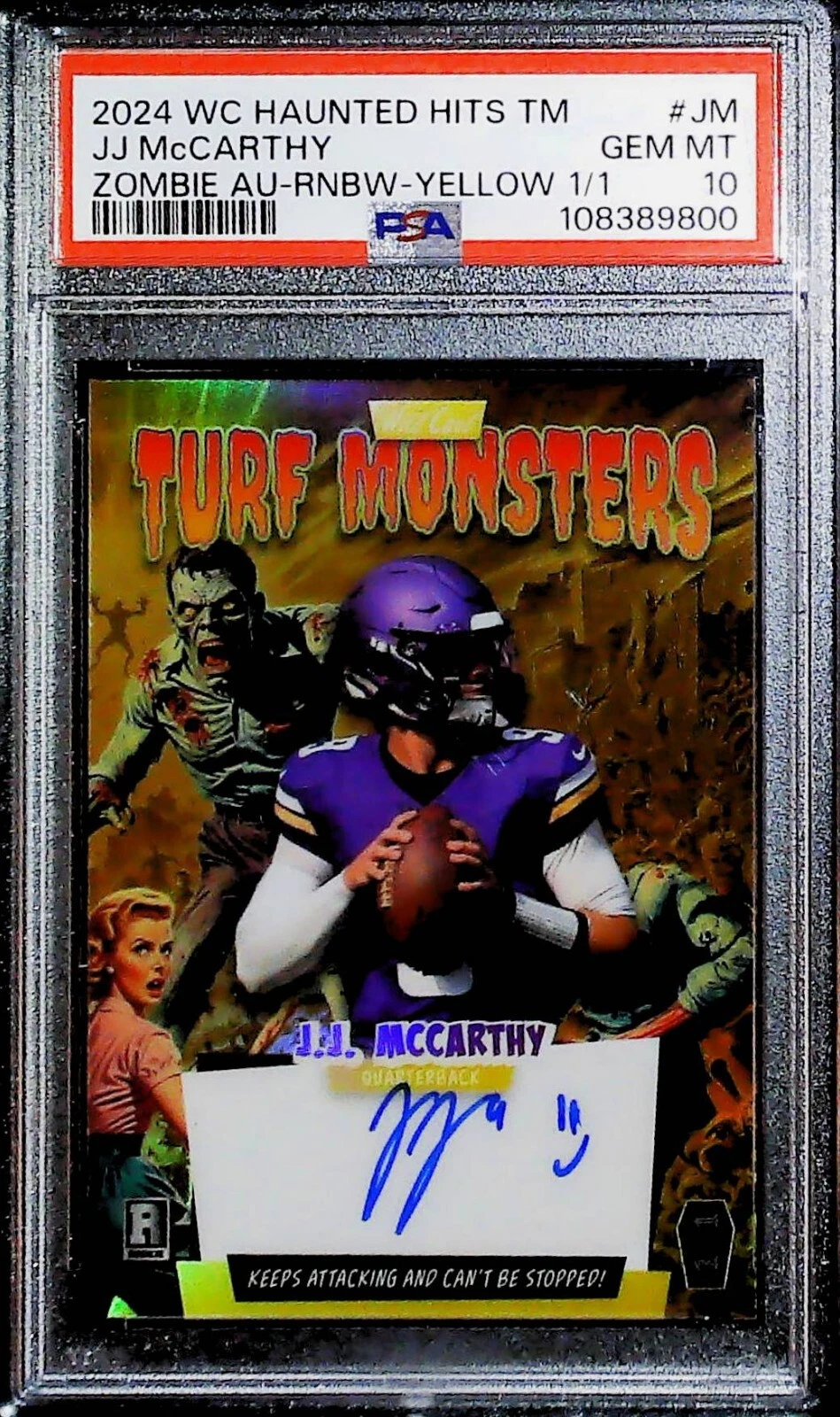 JJ McCarthy Wild Card Haunted Hits Monster Hunt Hobby Turf Monsters Zombie Autographs #JM Rainbow Foil-Yellow 1/1