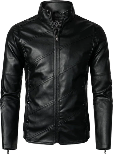 HOOD CREW Mens Faux Leather Jacket Lightweight Fashion Motorcycle Leather Jacket