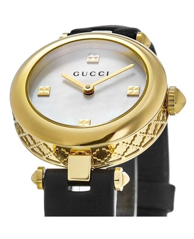 GUCCI 1200 WOMEN S DIAMANTISSIMA GOLD BLACK LEATHER SWISS WATCH