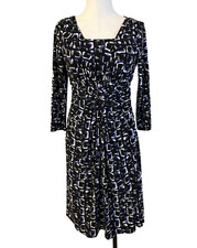 Chaps Ralph Lauren Dress Medium M Blue Ivory Black 3/4 Long Sleeve Washable NEW